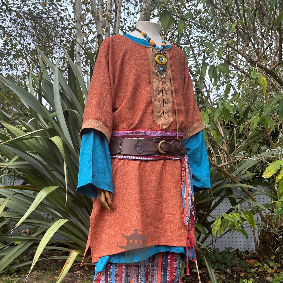 woven orange & brown tunic in medieval style for Ren faire
