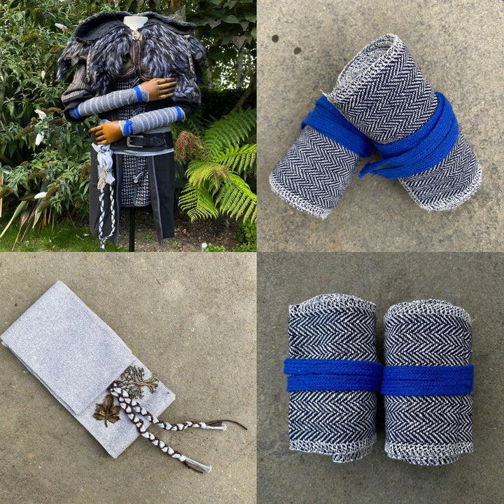 Set of Medieval LARPing Arm Wraps, Leg Wraps, and Decorative LARP sash. They are coloured Blue & White, made out of a Herringbone Wool mixture which is used to keep sleeves and trousers out of the way and you warm. These Viking Arm & Leg Wraps, and Sash are perfect for your LARP character, Cosplay event, or Ren Faire.