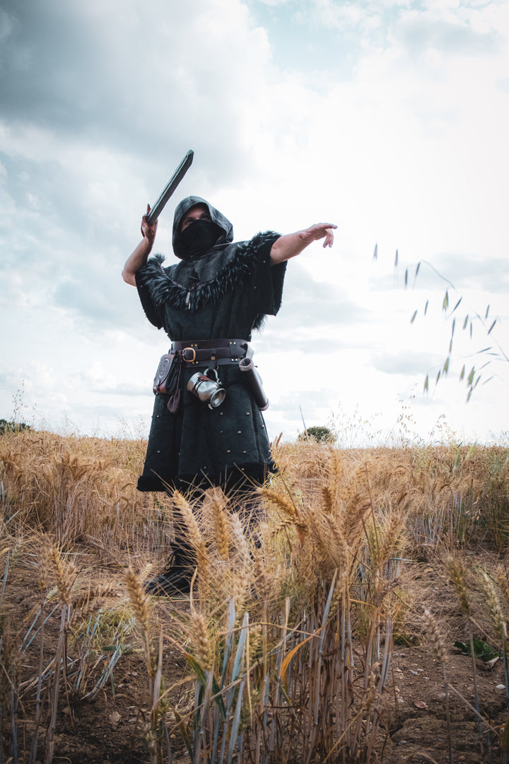 Person in medieval armor holding a sword in a wheat field with a cloudy sky.
