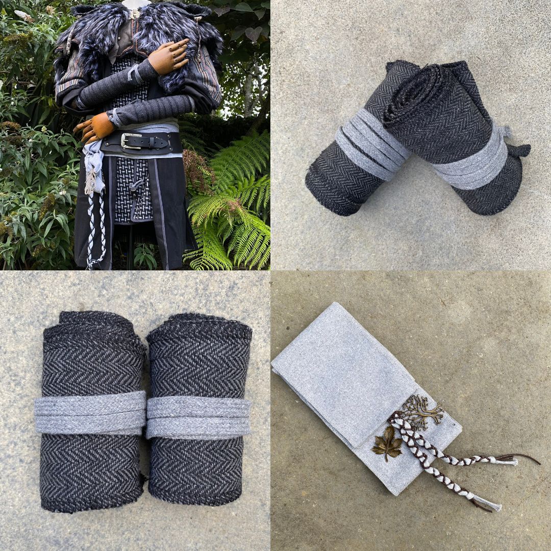Set of Medieval LARPing Arm Wraps, Leg Wraps, and Decorative LARP sash. They are coloured Grey & Black, made out of a Herringbone Wool mixture which is used to keep sleeves and trousers out of the way and you warm. These Viking Arm & Leg Wraps, and Sash are perfect for your LARP character, Cosplay event, or Ren Faire. 