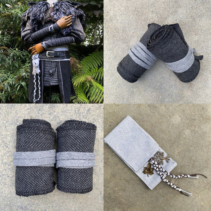 Set of Medieval LARPing Arm Wraps, Leg Wraps, and Decorative LARP sash. They are coloured Grey & Black, made out of a Herringbone Wool mixture which is used to keep sleeves and trousers out of the way and you warm. These Viking Arm & Leg Wraps, and Sash are perfect for your LARP character, Cosplay event, or Ren Faire.
