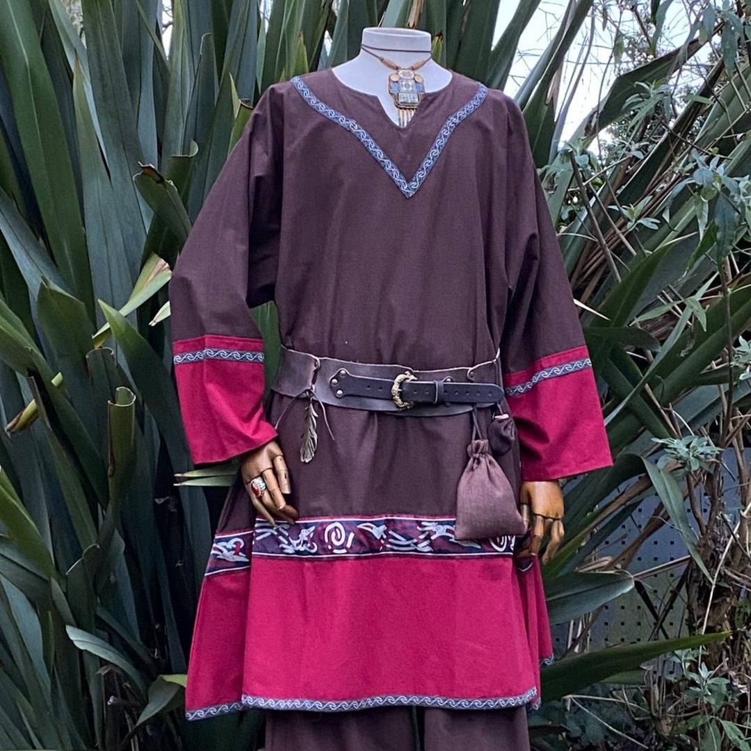 LARP Viking Tunic - Two Tone Brown & Red - Linen Cotton Mix with embroidery - Chows Emporium Ltd