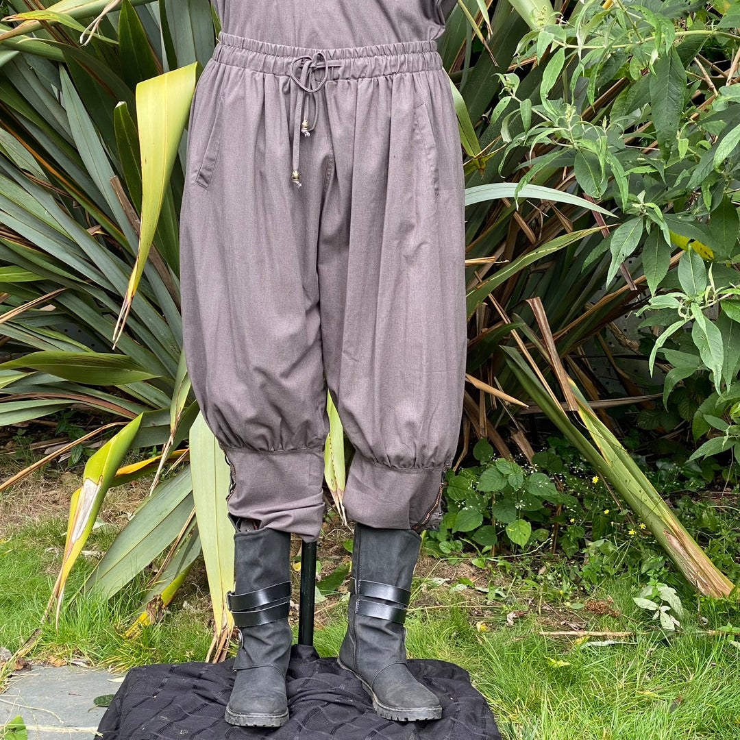 grey cotton viking pants with braided trim