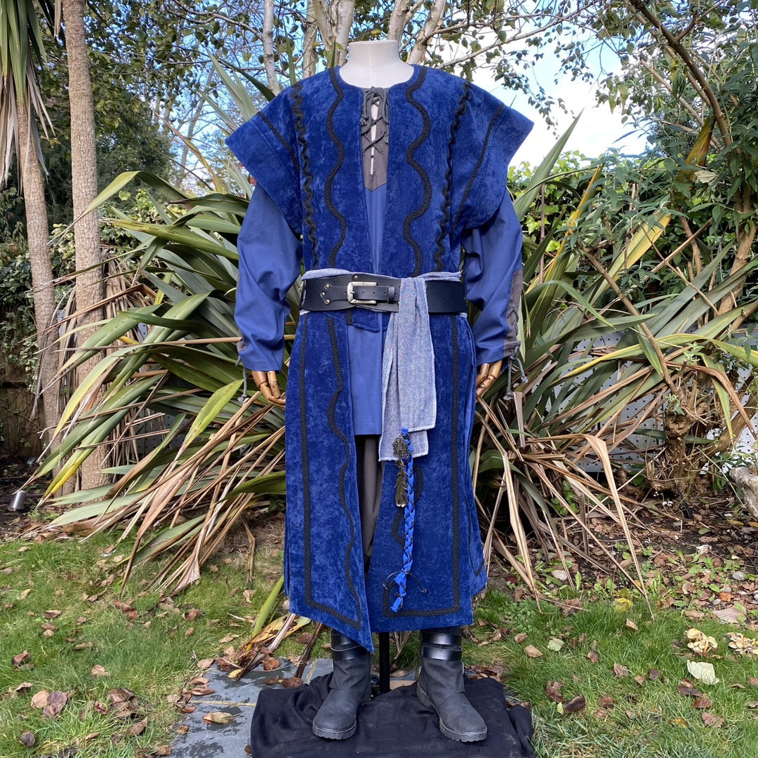 Storm Mage LARP Outfit - 4 Pieces; Blue Suede Effect Waistcoat, Hood, Shirt, Sash - Chows Emporium Ltd