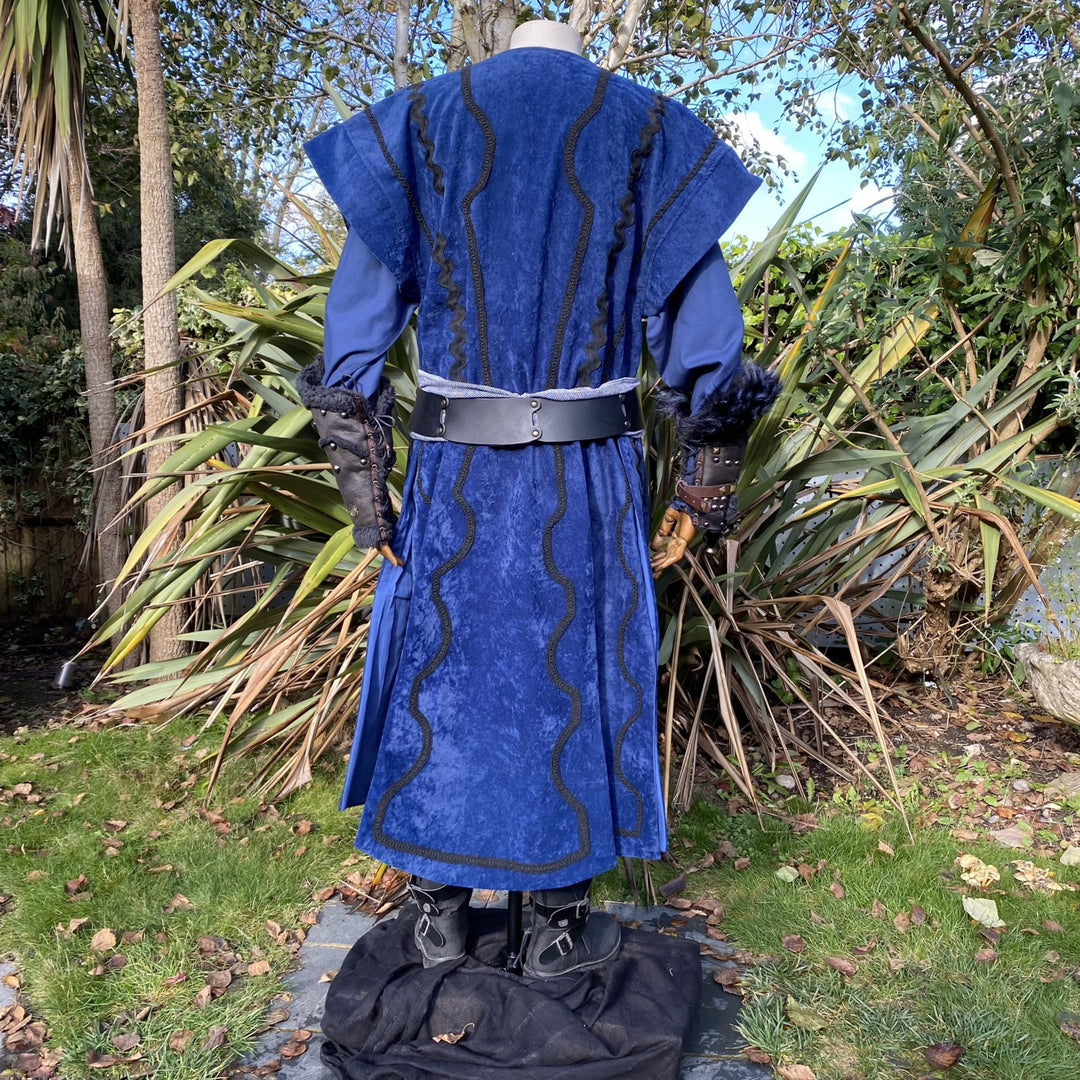Storm Mage LARP Outfit - 6 Pieces; Blue Waistcoat, Hood, Vambraces, Shirt, Belt, Sash - Chows Emporium Ltd