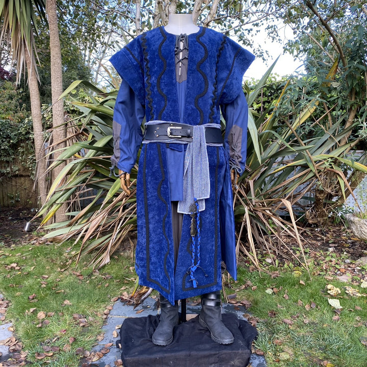Storm Mage LARP Outfit - 6 Pieces; Blue Waistcoat, Hood, Vambraces, Shirt, Belt, Sash - Chows Emporium Ltd