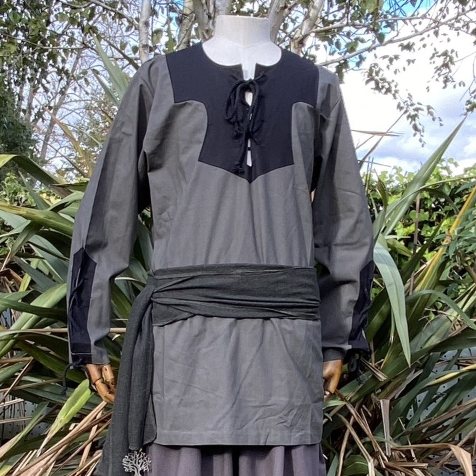 Forest Guardian LARP Outfit - 5 Pieces; Green Panel Waistcoat, Black Hood, Shirt, Pants, Sash - Chows Emporium Ltd
