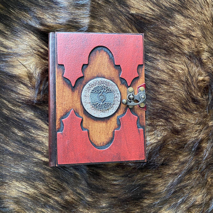 Leather Bound Journal with Metal Clasp and Embossed Tree Celtic Symbol - Red A5 Note Book