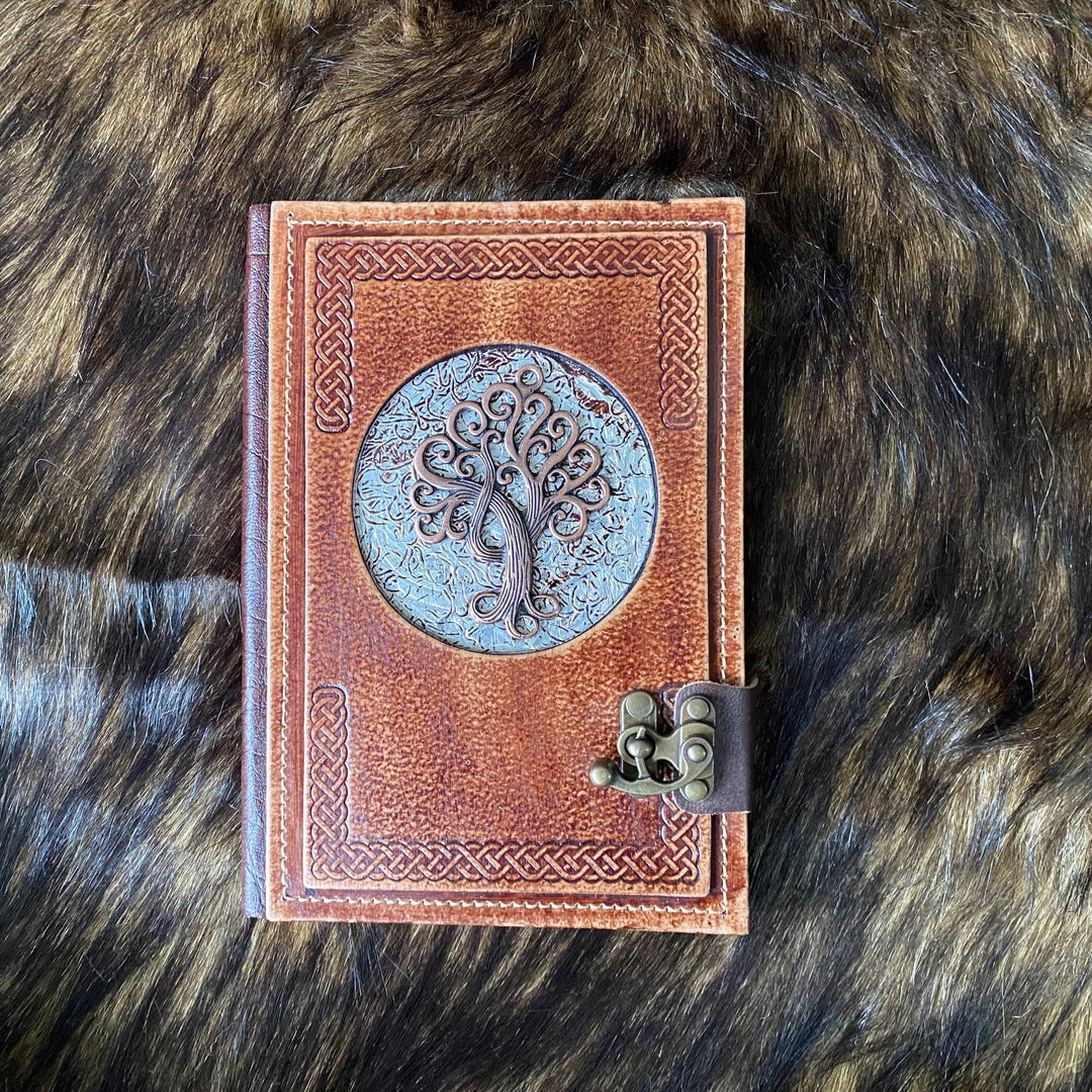 Leather Bound Journal with Metal Clasp and Ornate Tree Symbol - Brown A5 Note Book