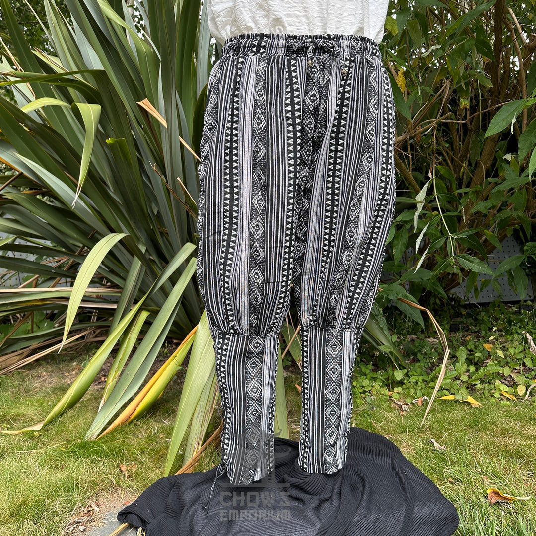 medieval viking pants LARP trousers black white patterned cotton no boots front