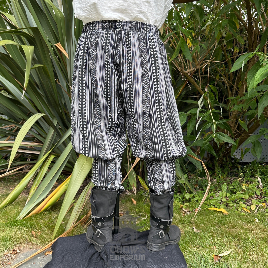 medieval viking pants LARP trousers black white patterned cotton back outside