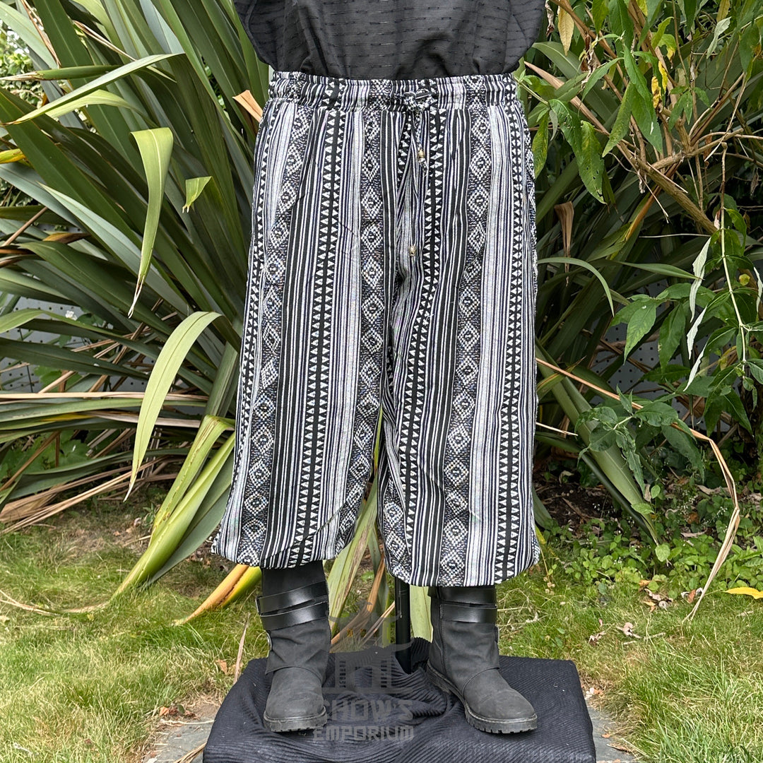 medieval hero pants LARP trousers black white patterned cotton front