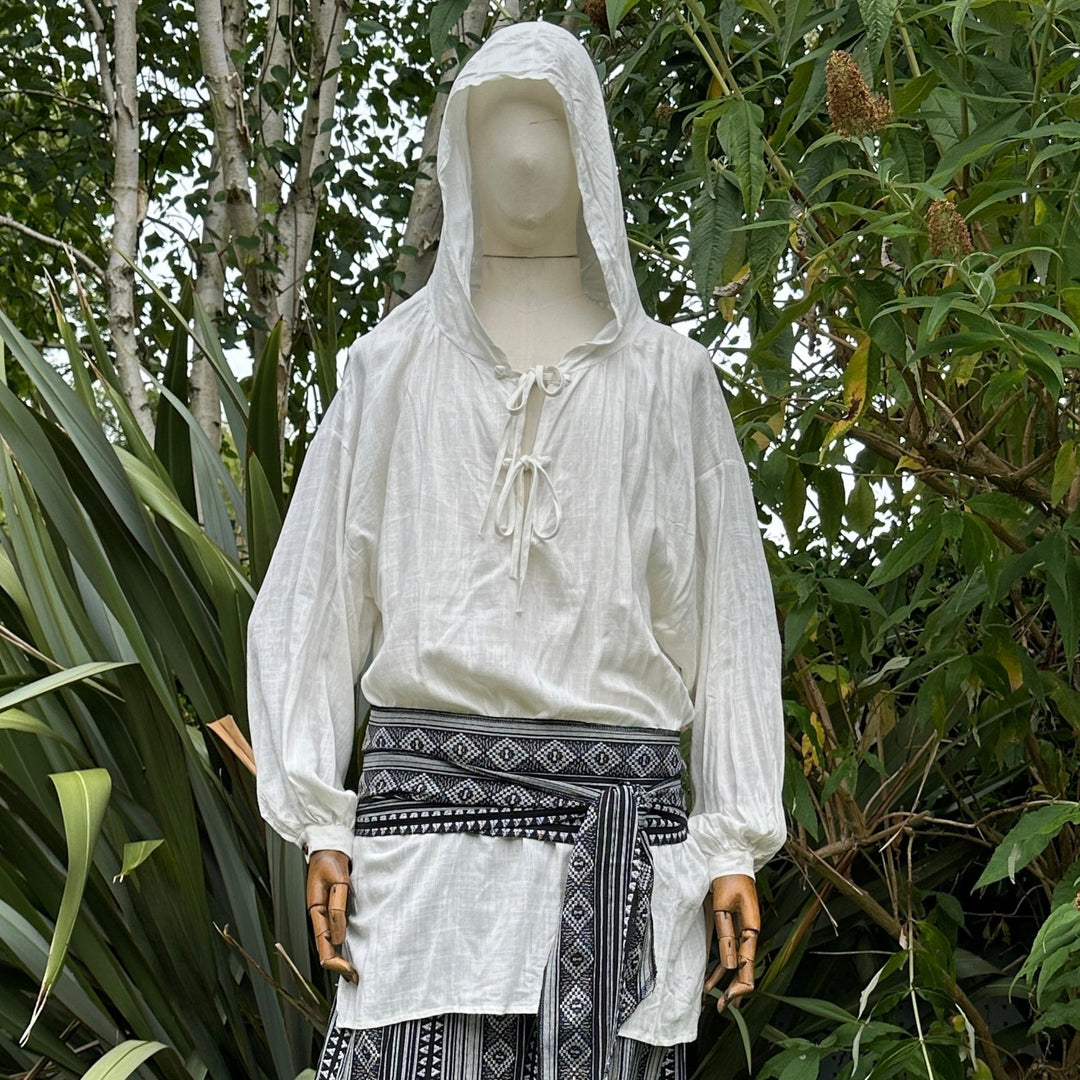 white hooded medieval shirt in cotton linen for LARP and Renaissance faire