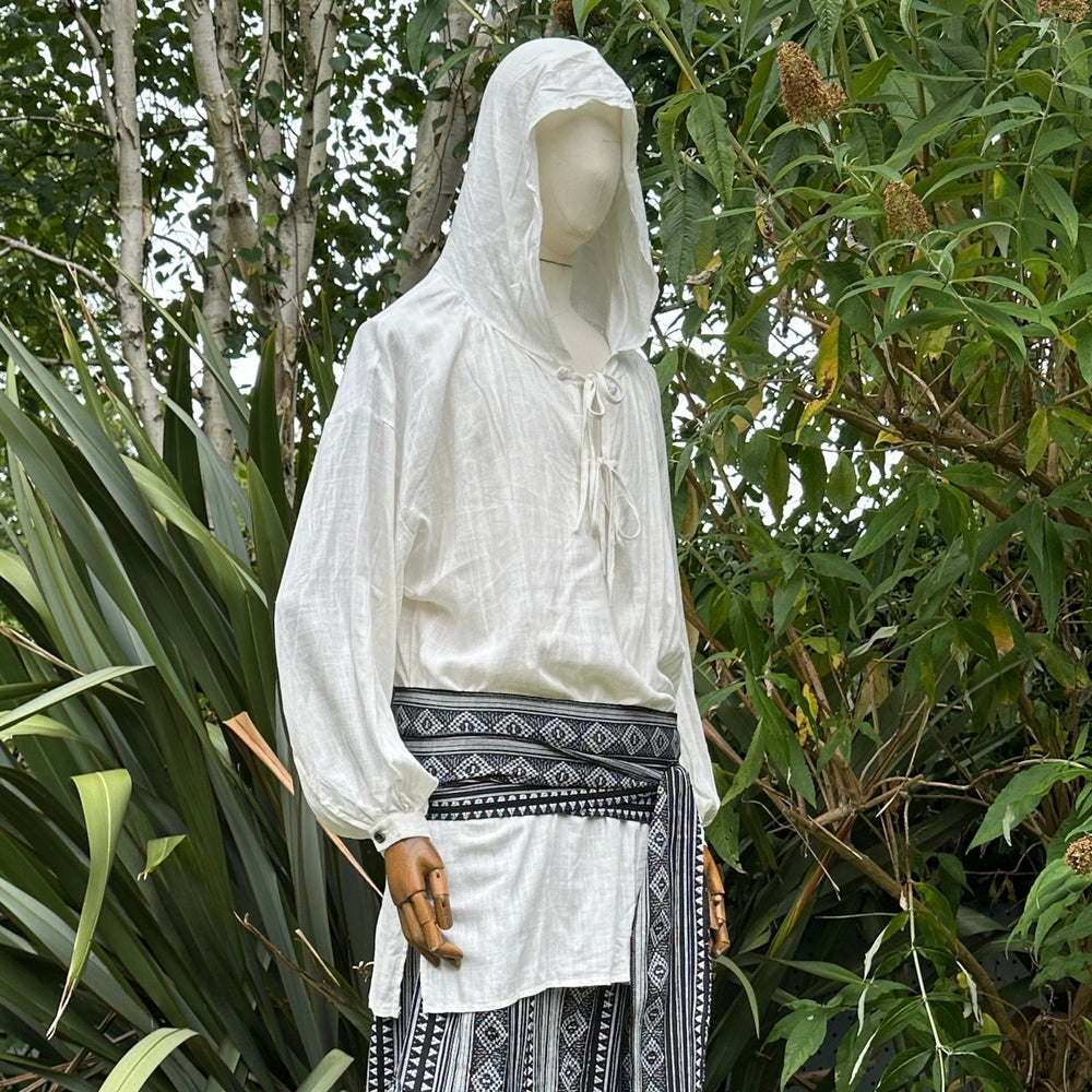 cotton-linen hooded medieval shirt white for fantasy costume