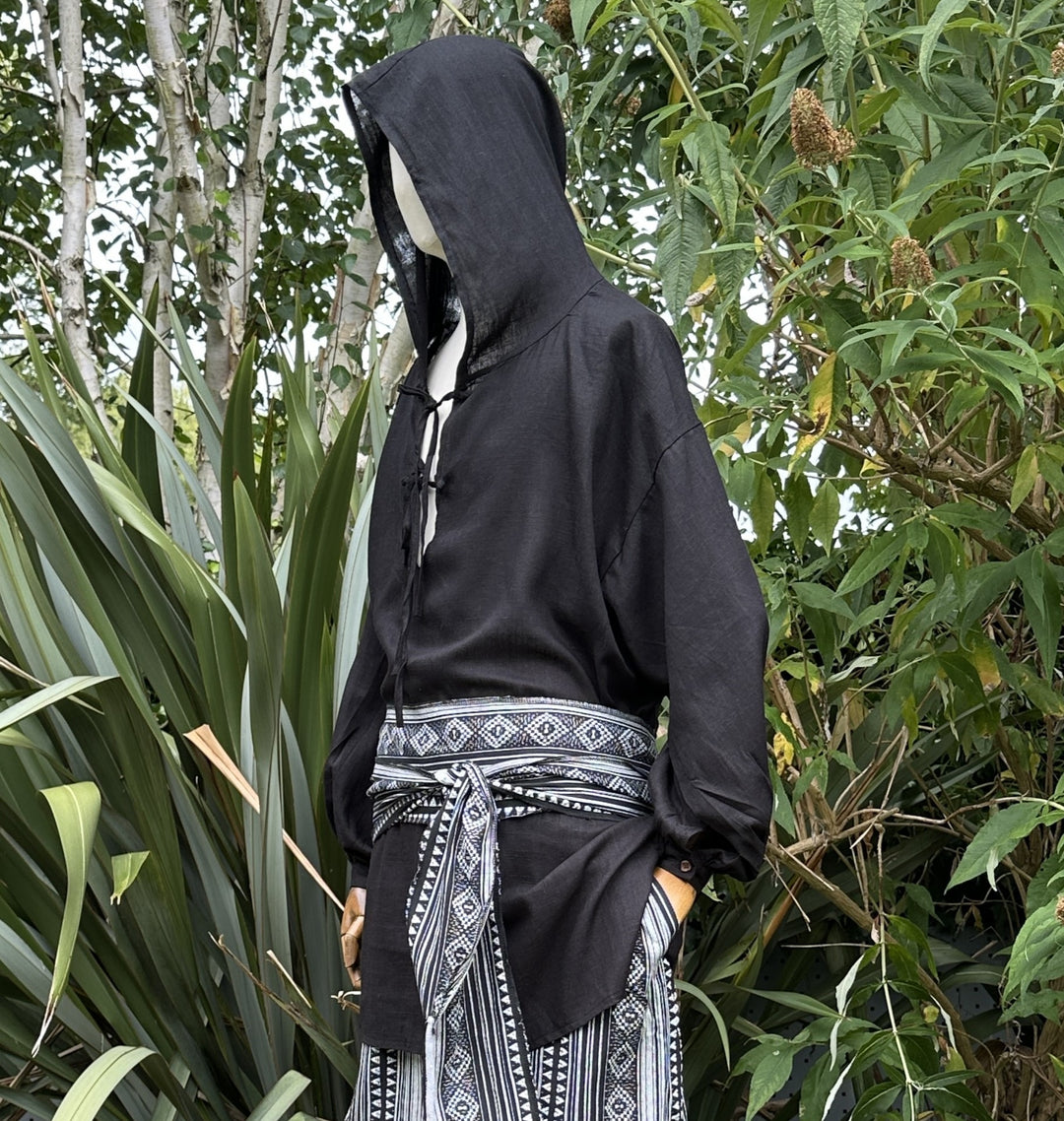 black hooded medieval shirt cotton linen for LARP and Renaissance faire