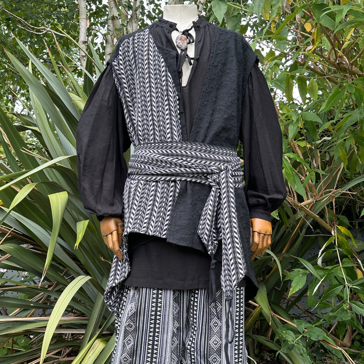 Black and white pirate waistcoat and sash for LARP and renaissance fairs – full front view