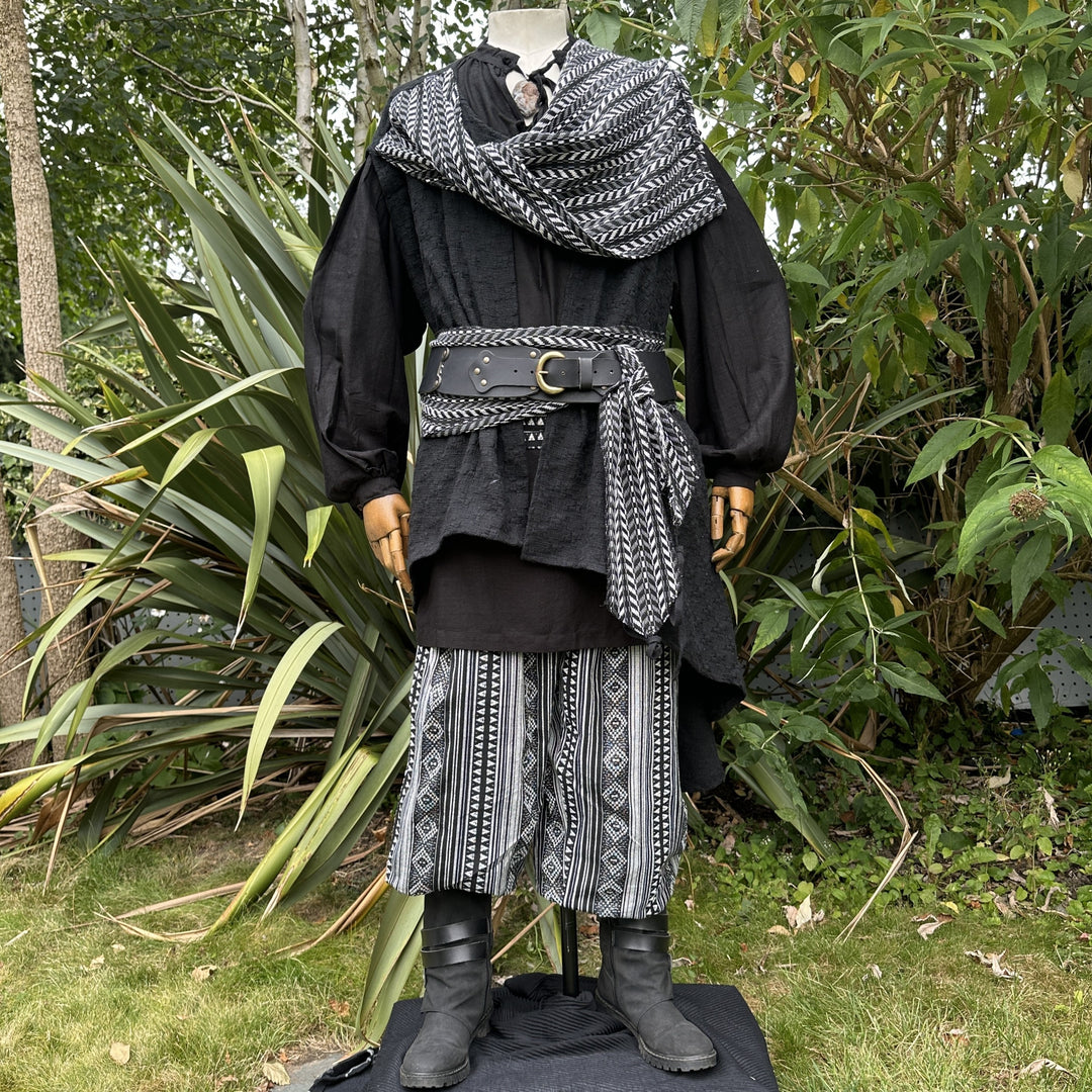 Black and white pirate waistcoat and sash for LARP and renaissance fairs – full front view