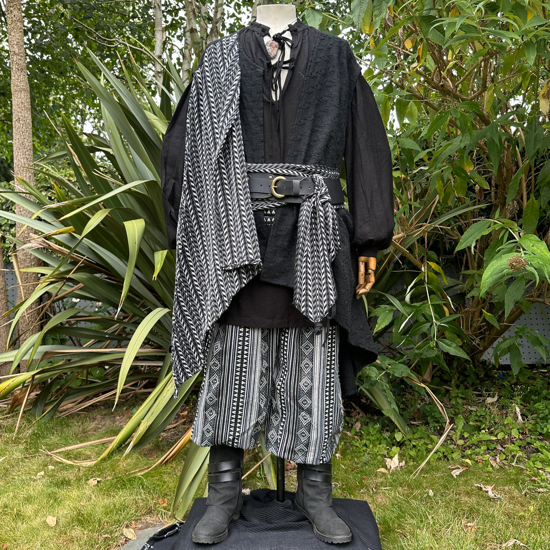 black & white pirate waistcoat styled for cosplay and Ren faire with belt