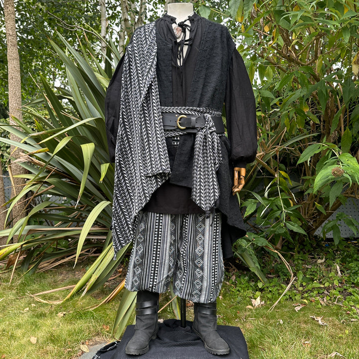 black & white pirate waistcoat styled for cosplay and Ren faire with belt