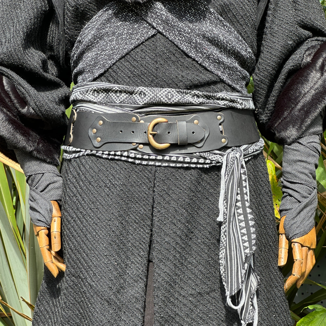 LARP Belt and Sash Set - Black & White Multi Pattern - Buffalo Leather