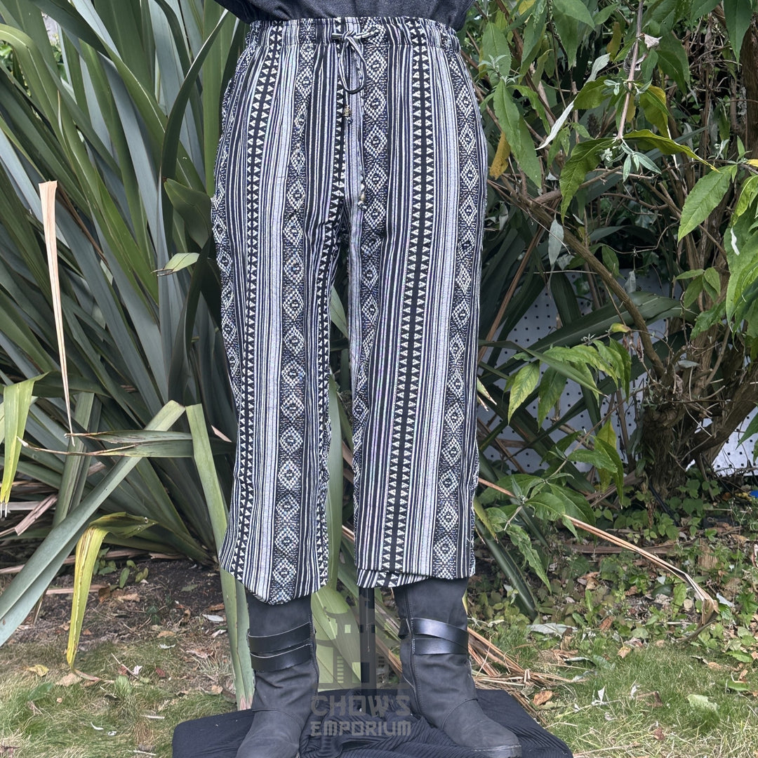 medieval straight leg pants LARP trousers black white patterned cotton front