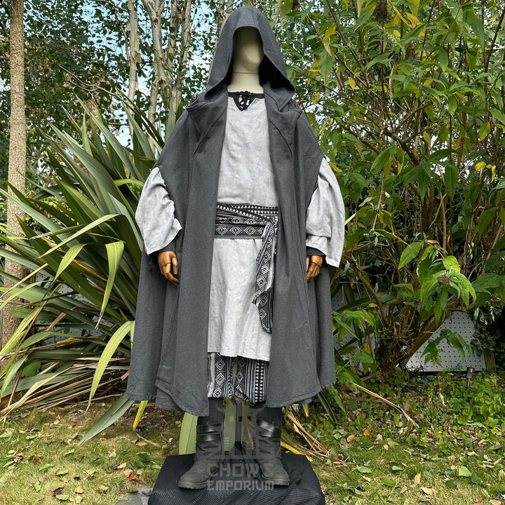 Medieval LARP costume front view featuring grey hooded cloak, tunic, and a black and white sash - ideal for cosplay, LARP, and Renaissance Faire wear.