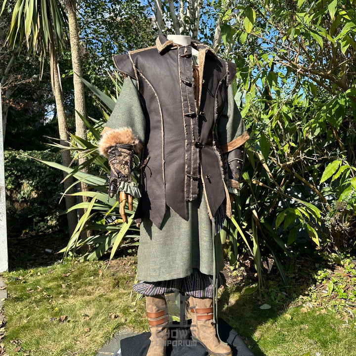 Close-up of brown faux leather LARP waistcoat with fleece lining and herringbone wool texture
