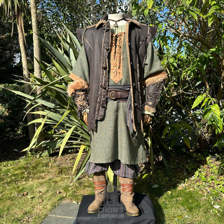 Brown medieval waistcoat styled with belt and sash for fantasy cosplay or LARP events
