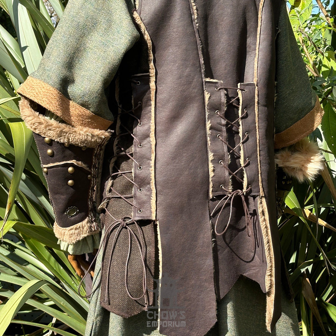 Detail shot of brown LARP waistcoat with horn toggle fastenings and layered wool panels