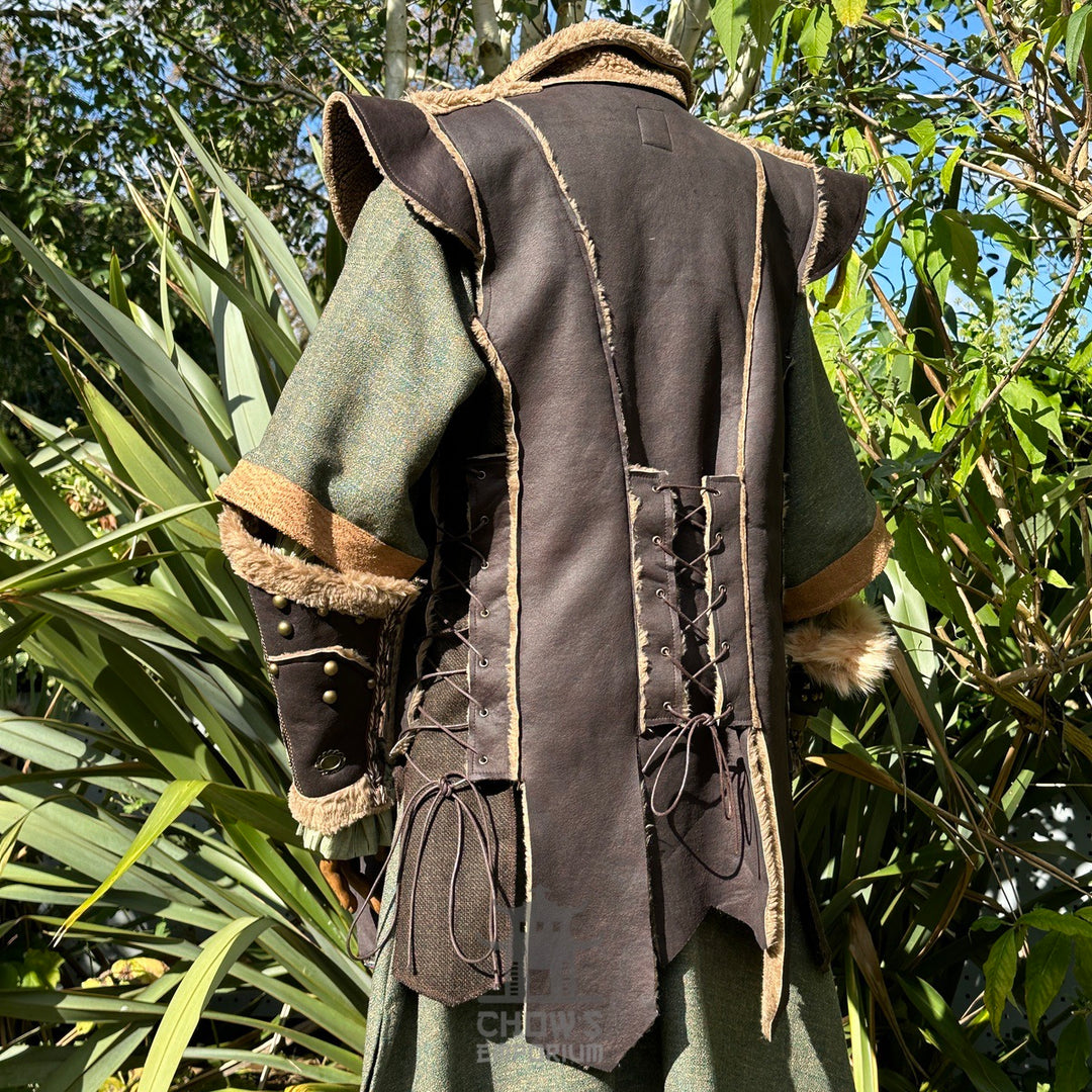 Close-up of brown faux leather LARP waistcoat with fleece lining and herringbone wool texture