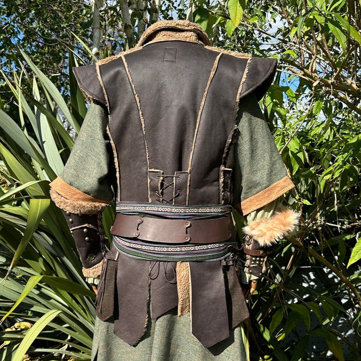 Back view of brown LARP waistcoat with wool panels and rustic fantasy styling