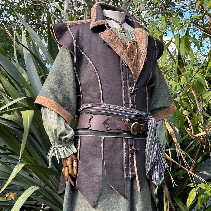 Side view of brown medieval faux leather waistcoat with drawstring cords for LARP costume