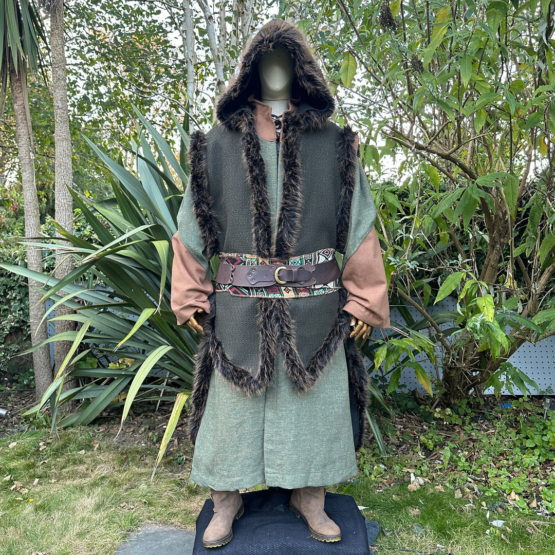 Hooded Cape in Green with Black Fur Trim.
