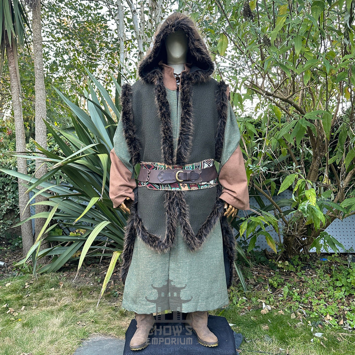 Medieval LARP costume front view, featuring a green faux fur trim hooded cape, green high collared robe and sash. For Renaissance Faire and historical roleplay events.