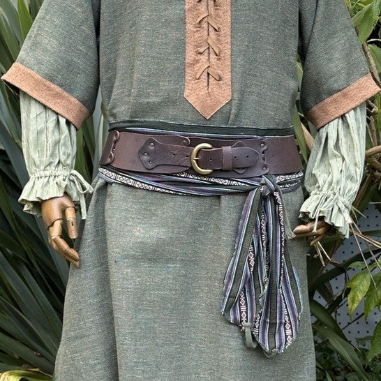LARP Belt and Sash Set - Green Stripe Pattern - Buffalo Leather