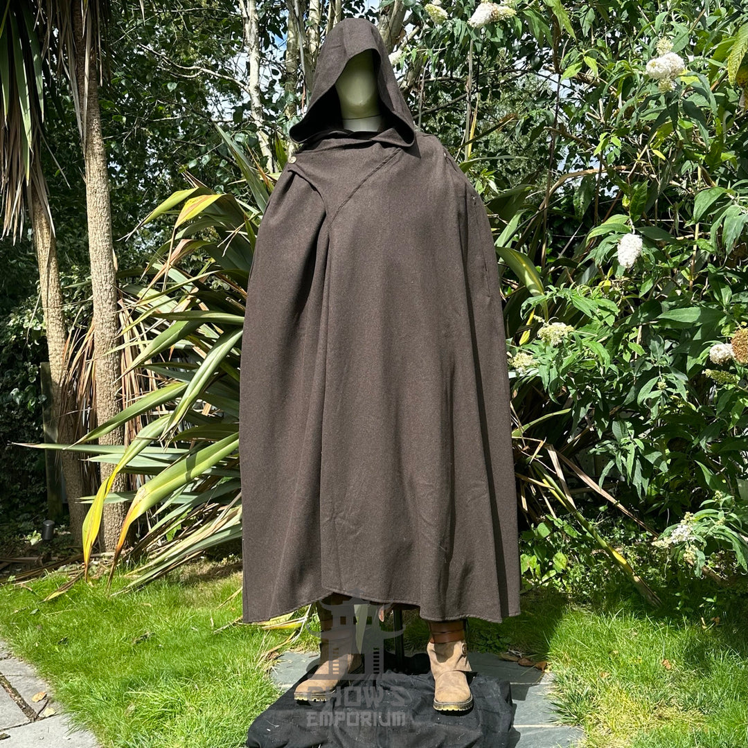 Full-length view of brown hooded LARP cloak, authentic medieval fantasy cosplay costume for Renaissance Faires and events.