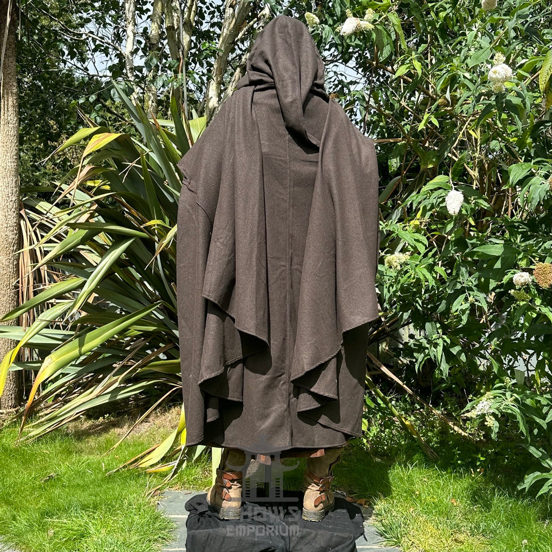 Angled back view of brown hooded LARP cloak, fantasy medieval cosplay costume with flowing drape.