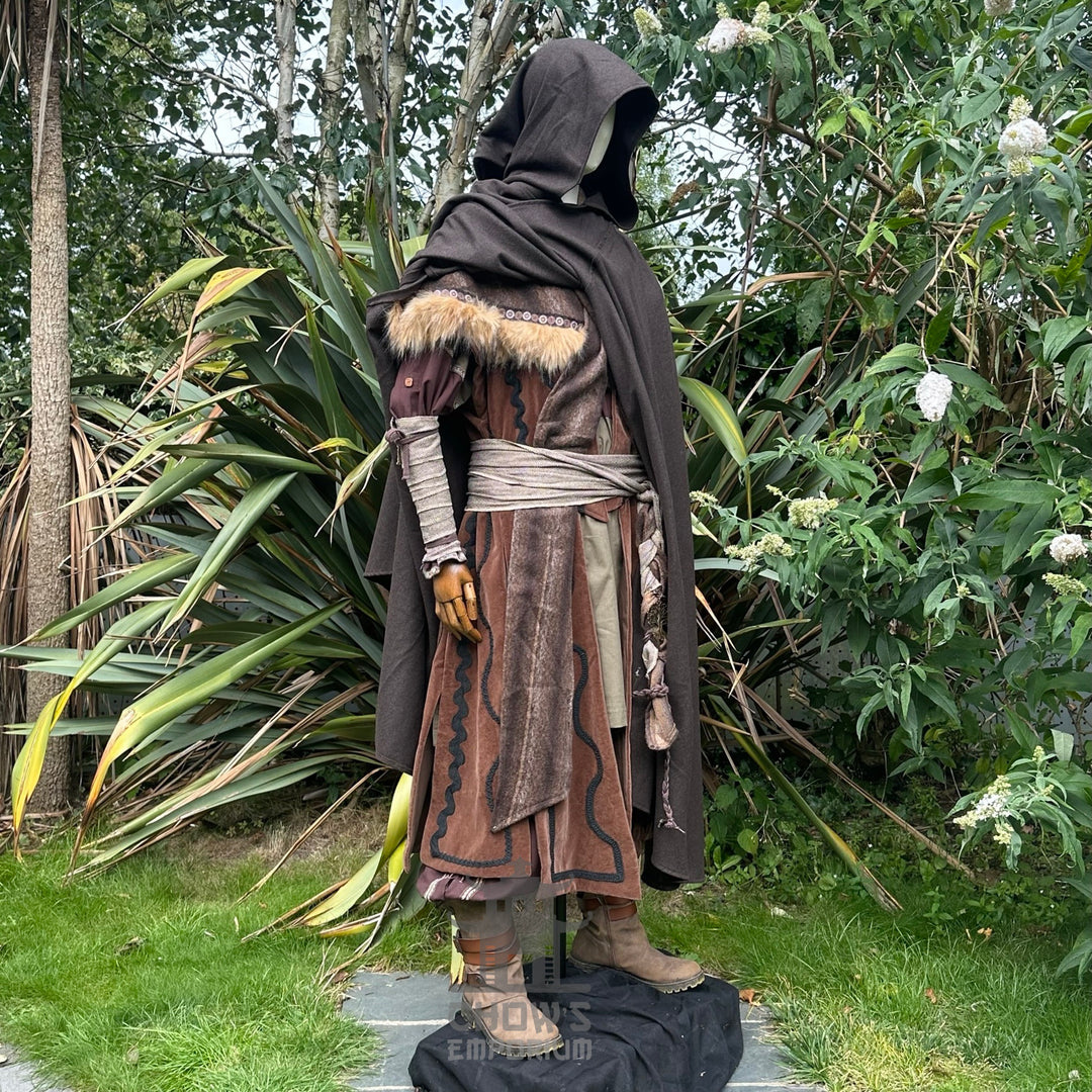 Side view of brown LARP cloak with hood , authentic medieval fantasy cosplay costume for Renaissance Faires.