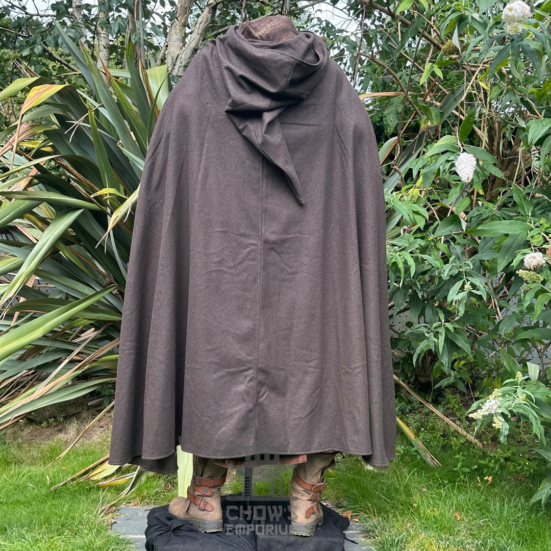Back view of brown hooded medieval LARP cloak, full-length fantasy cosplay costume for roleplay or historical events. Hood down.