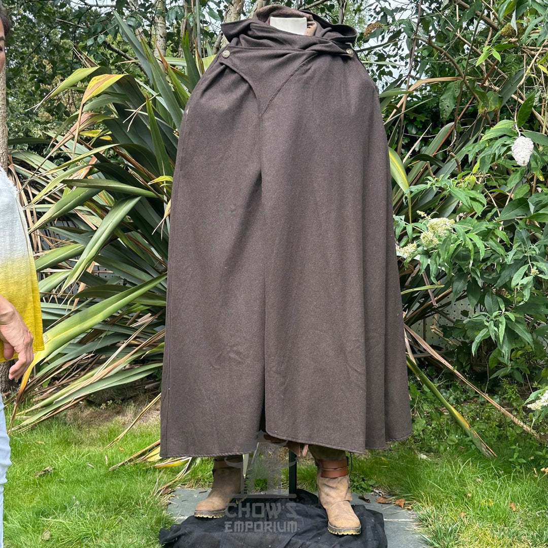 Front view of closed brown hooded LARP cloak, medieval fantasy cosplay costume for rangers, rogues, or adventurers.
