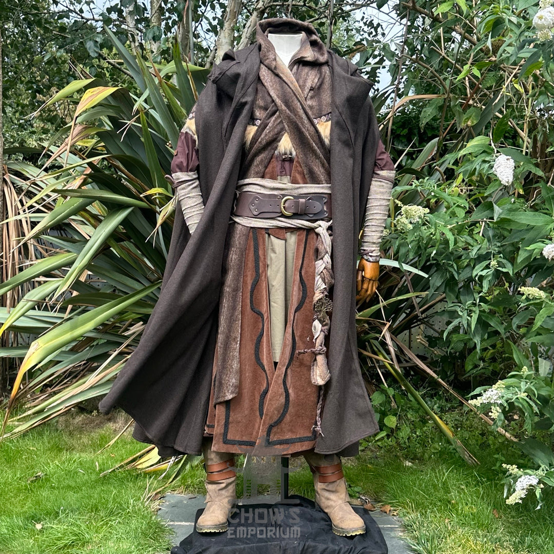 Front view of brown hooded LARP cloak, medieval fantasy cosplay costume for rangers, rogues, or adventurers. Robe style.