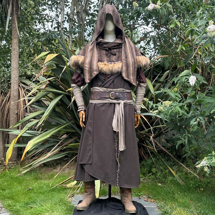 Forest Alchemist LARP Outfit - 5 Pieces; Brown & Green, Cloak, Hood, Arm Wraps, Belt, Sash - Chows Emporium Ltd