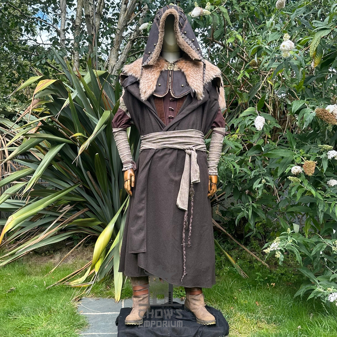 Full-length view of brown hooded LARP cloak, closed. authentic medieval fantasy cosplay costume for Renaissance Faires and events. robe style
