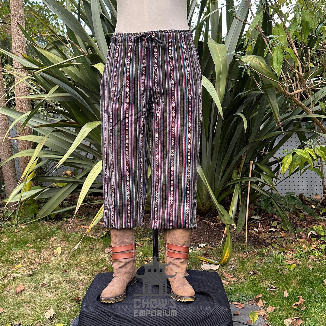 green multi cotton straight-leg medieval trousers for larp