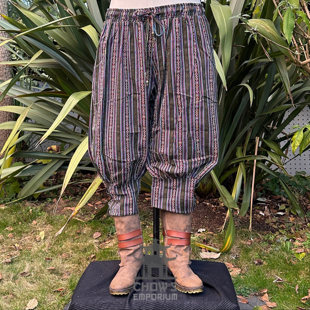 green multi cotton viking pants with braided trim