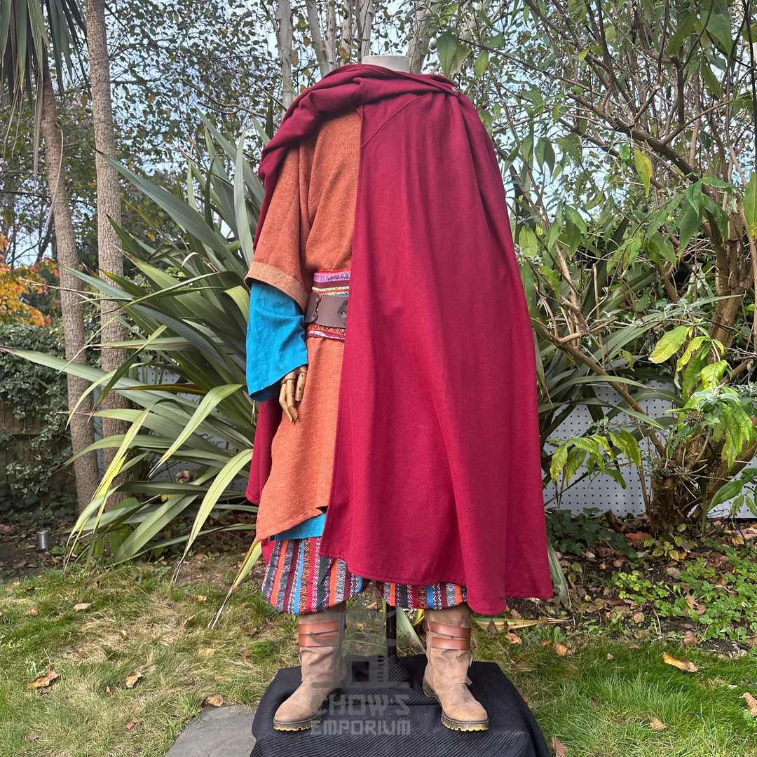 Front view of red wool LARP cloak, medieval fantasy cosplay costume for wizards, nobles, or adventurers at Renaissance Faires.