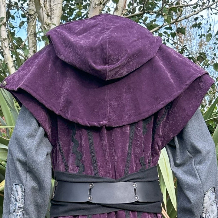 This LARP Hood is Purple with a Wrap Around extention. This Viking Scarf Hood is made of Faux Suede Effect, and is Water Resistant and Warm: perfect for your LARP Character and LARP Costume, Cosplay Event, and Ren Faire.