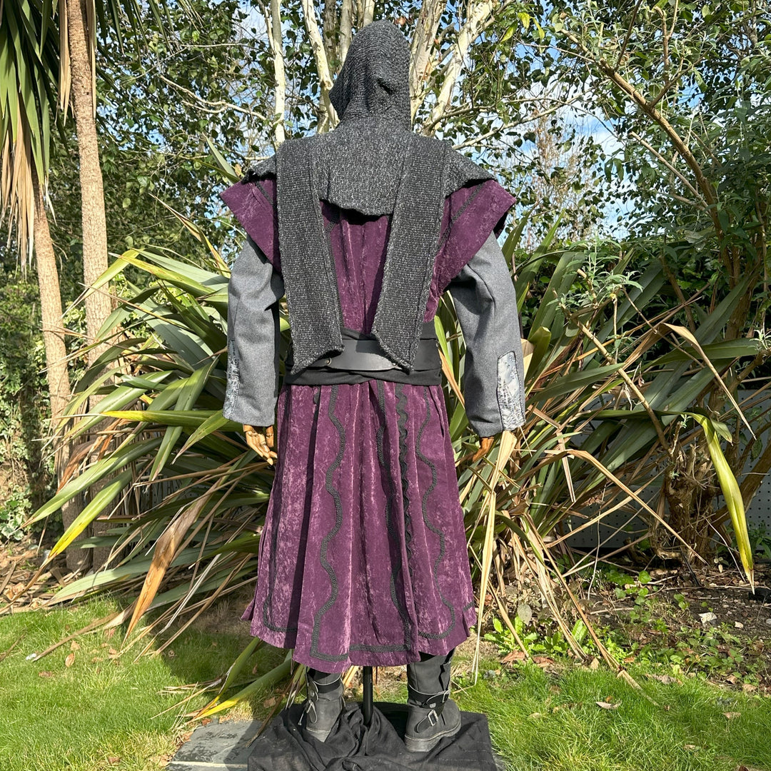 Shadow Wizard LARP Outfit - 5 Pieces; Purple Panel Waistcoat, Jacket, Wrap-Around Hood, Belt, Sash - Chows Emporium Ltd