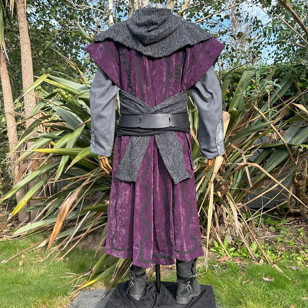 Shadow Wizard LARP Outfit - 5 Pieces; Purple Panel Waistcoat, Jacket, Wrap-Around Hood, Belt, Sash - Chows Emporium Ltd