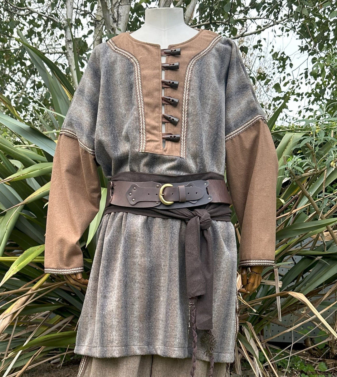 LARP Basic Outfit - 2 Pieces: Brown & Grey Mohair Two Tone Tunic and Brown Wool Sash - Chows Emporium Ltd